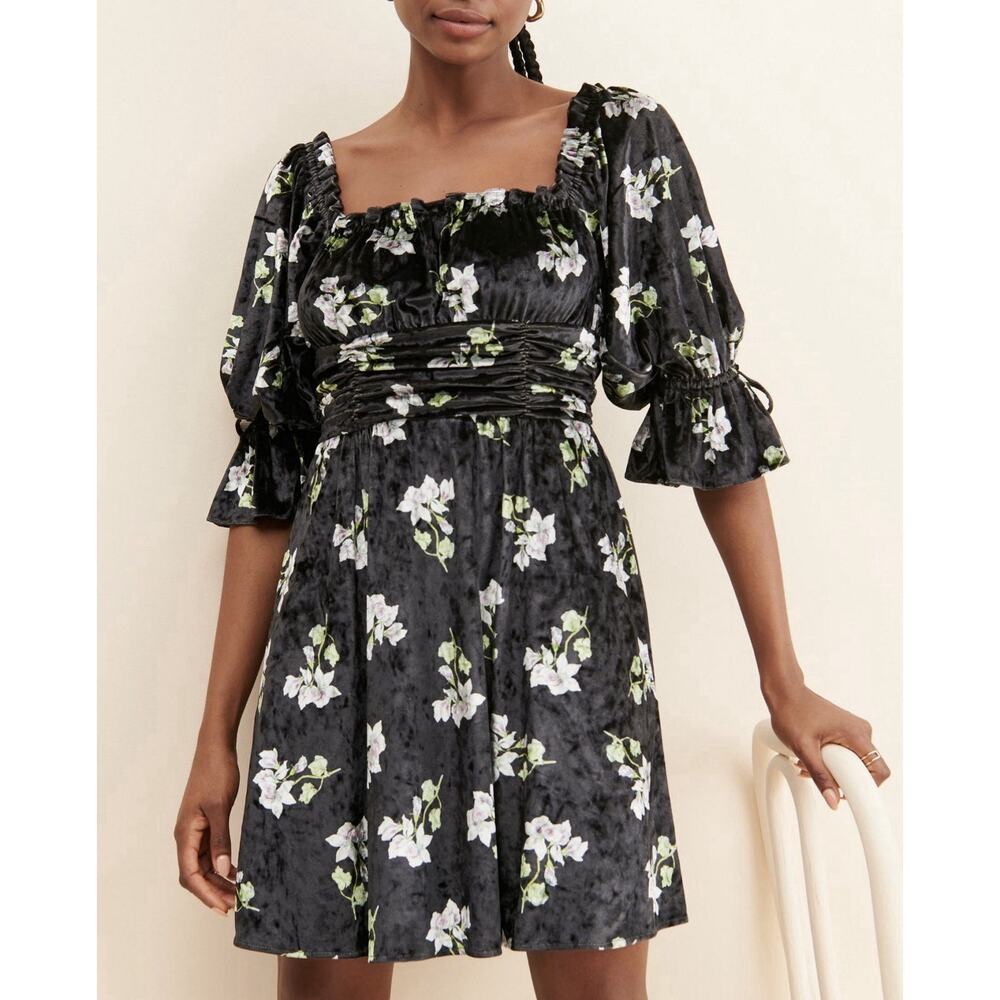 Hutch Velvet Floral Mini Dress Smocked Black Size Large Romantic Milkmaid